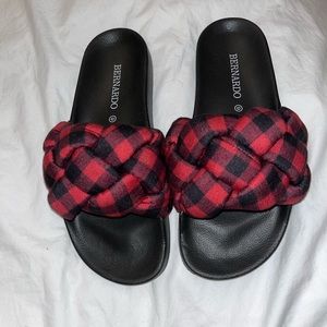 Anthropologie Bernardo Rylee braided puffy plaid band slides